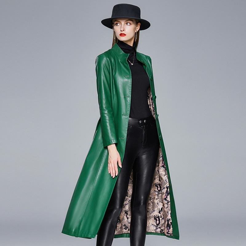 Herbst Neue Leder Mantel frauen Lange Leder Windjacke Stehkragen Slim Fit frauen Koreanische Leder Mantel XXL black