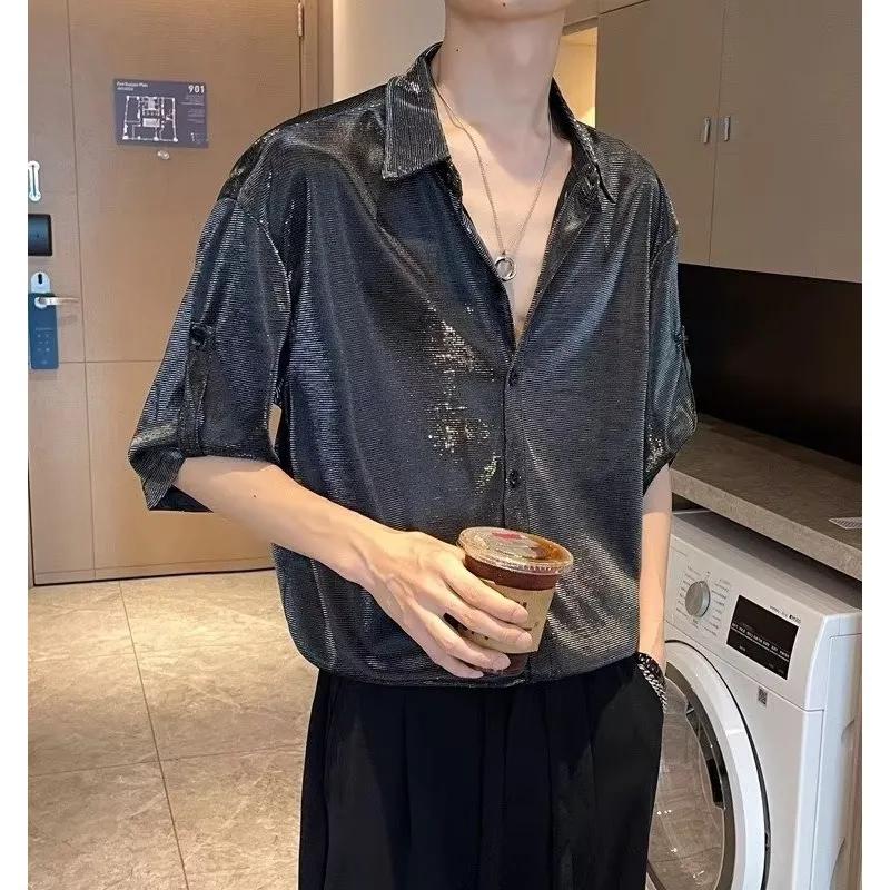 Herren Sommer Glänzendes Hemd Koreanische Version Drapierendes Hübsches Hemd XS
