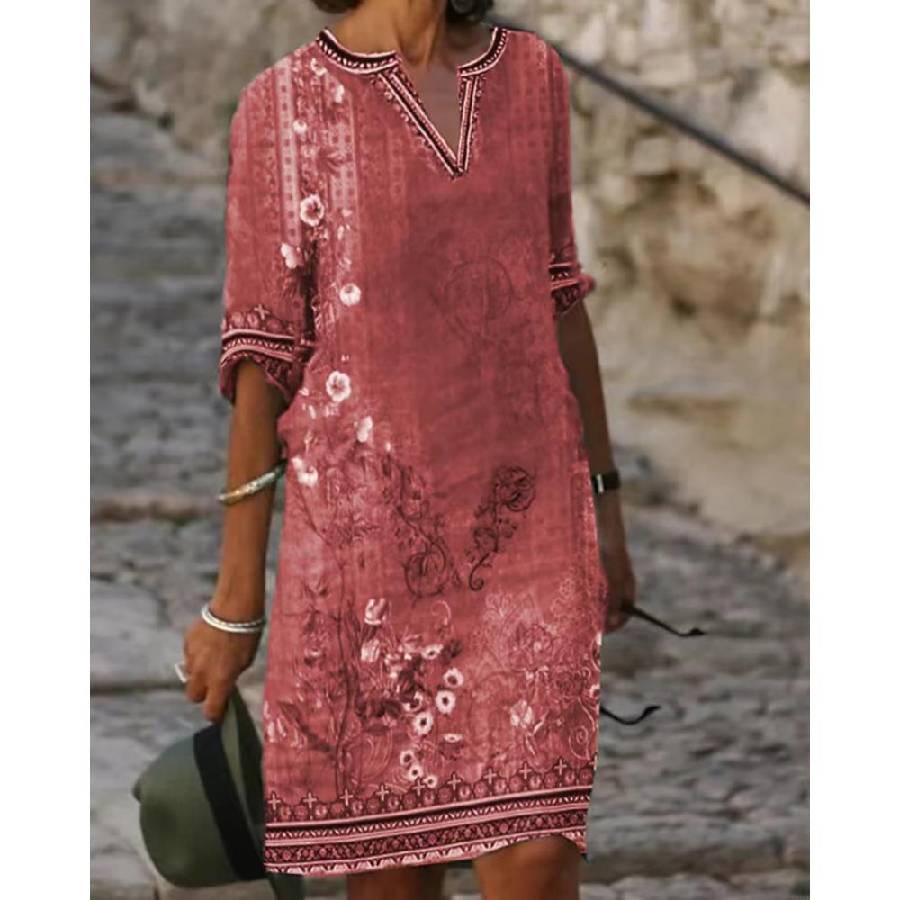 Damen Sexy V-Ausschnitt T-Shirt Kleid Sommer Damen Top Kurzarm Kleid Damen Slim Midi Kleid Strandrock Bedrucktes Kleid Lässig XL rosa