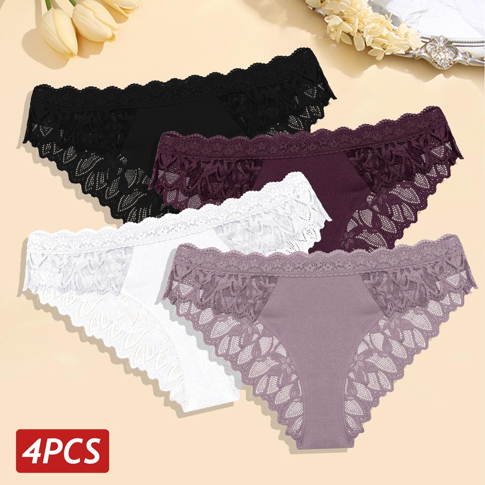 FINETOO 4 Stück/Set Sexy Blumenspitze Slips Damen Atmungsaktive Slips Transparent Niedrige Taille Sexy Dessous Damen Weiche Unifarbene Unterwäsche XL&4pcs gray