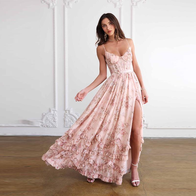 Damen Spaghetti-Träger Blumen Taillenbetonendes Schlitzkleid für Strandreisen Sommer Neues Outfit Taillenbetonend Temperament Lang Damenkleider 2XL rosa