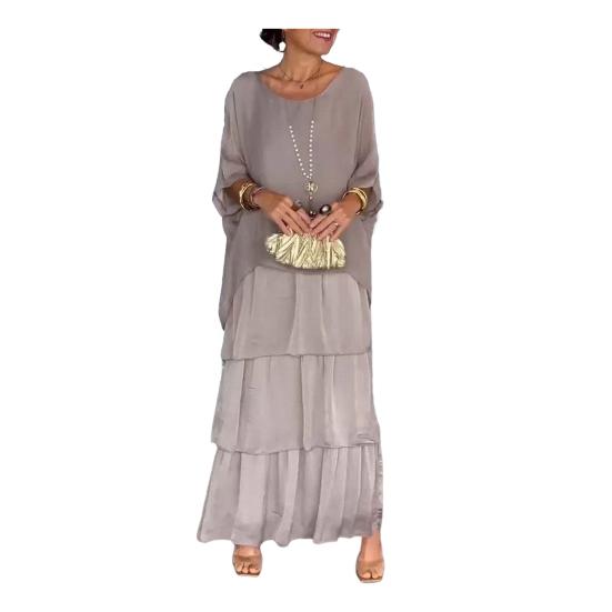Abendkleid, mehrlagig, verstreuter Kuchensaum, Halbarm-Maxikleid, Fledermausärmel, weites Chiffonkleid mit Rundhalsausschnitt für Party und Abschlussball S grau