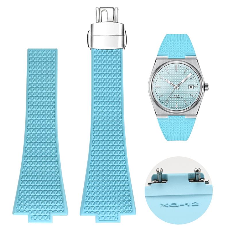 Für Tissot PRX T137 FKM Uhr 11mm 12mm Herren Damen Armband Fluorkautschuk Armband Schnellverschluss Faltschließe Armband 12mm hellblaue