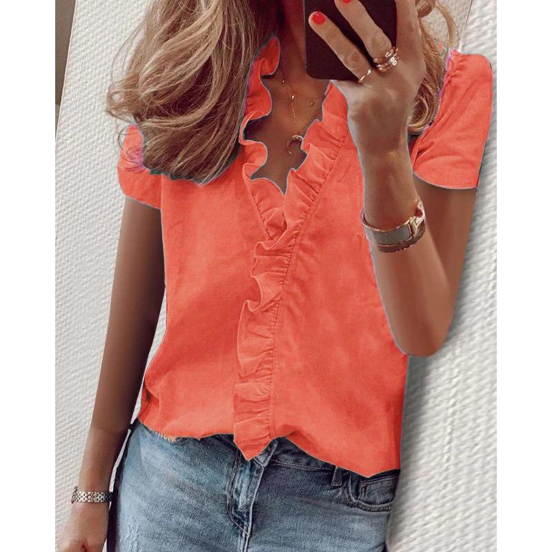 YYFS Damenmode, lässig, Sommer, Frühling, einfarbig, bedruckt, kurzärmelig, V-Ausschnitt, Blusen und Hemden XXXXXL orange