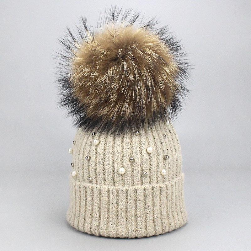 Hut Weiche Wolle Mützen Frauen Echte Natürliche Pelz Pom Poms Mode Perle Gestrickte Hut Mädchen Weibliche Beanie Kappe Pompom winter Hüte für Frauen A