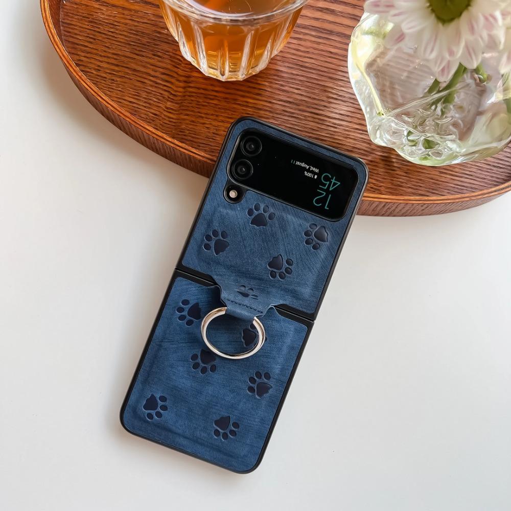 Für Samsung Galaxy Z Flip 6 Flip 4 5 Leder-Klapphandyhülle mit Katzenpfotenmuster und Ringständer, All-Inclusive-Schutzhülle Samsung Z Flip 6 blau