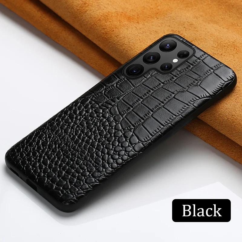 Luxuriöse Echtlederhülle für Samsung Galaxy S25 Ultra Plus S24 S23 Original Krokodiltextur PU Stoßfeste Schutzhülle For Samsung Galaxy S23+ schwarz