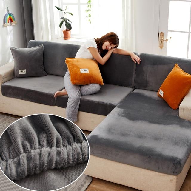 Samt-Sofa-Sitzbezug, dicker Jacquard, solide, weiche Stretch-Sofa-Schonbezüge, Möbelschutz enlarge size-5 hellgrau