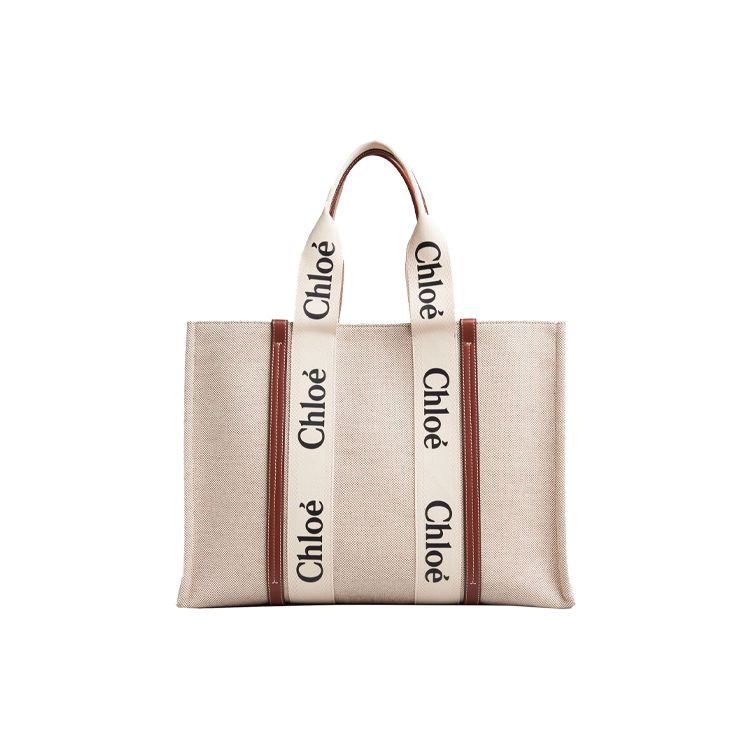 Chloe Woody Logo Print Gurtband Große Kapazität Baumwollleinwand und Kalbsleder Tragetasche Einkaufstasche Damen Tragetasche Beige Braun CHC21US382E6690U Basic Set (Bag+Dust Bag)