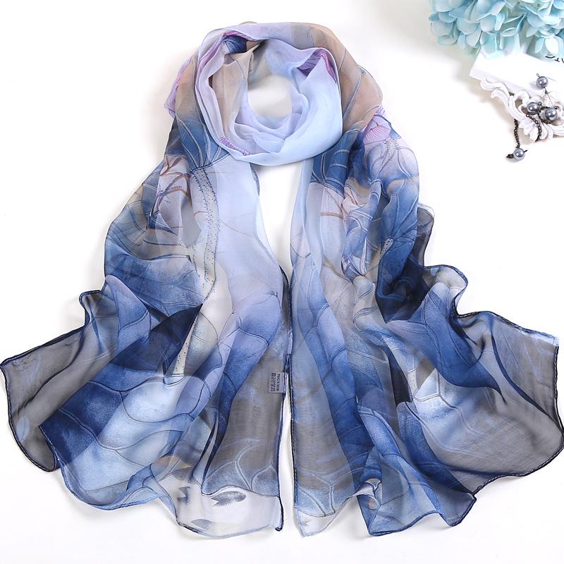 Lange Schals Wraps Frauen Strand Sonnencreme Hijab Blumendruck Seidenschal Chiffon Kopftuch Halstücher 50x160cm 160 blau