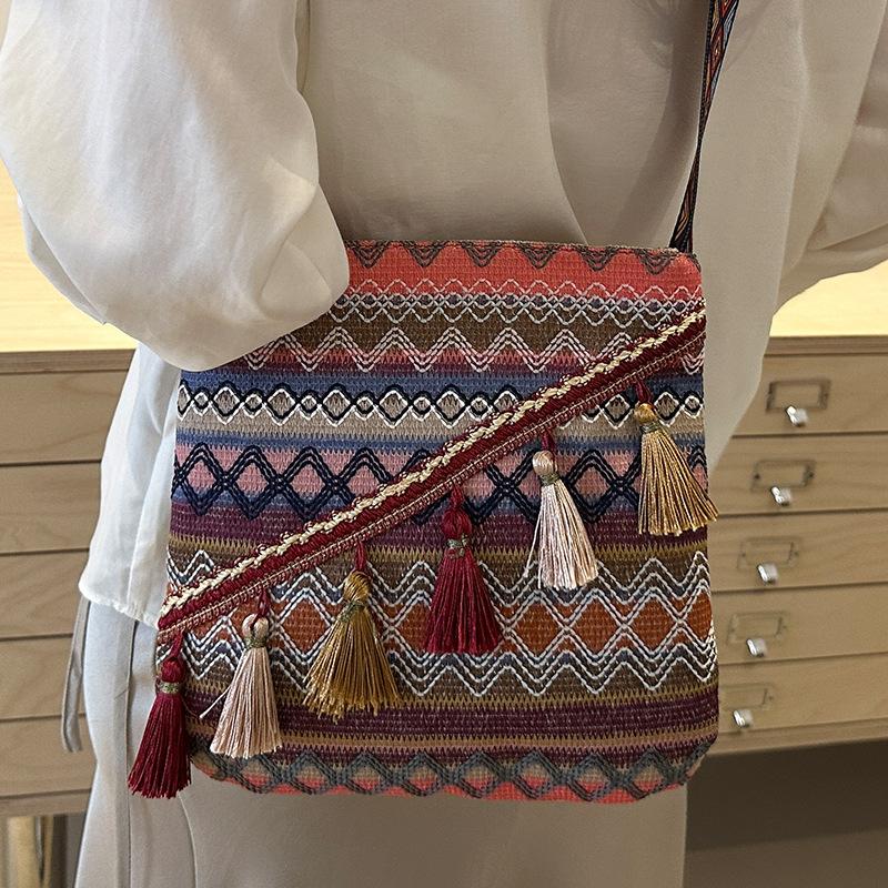Large Capacity Ethnic Style Bag for Women Hand-woven Boho Style Shoulder Bag for Women Broadband Crossbody Bag for Women black