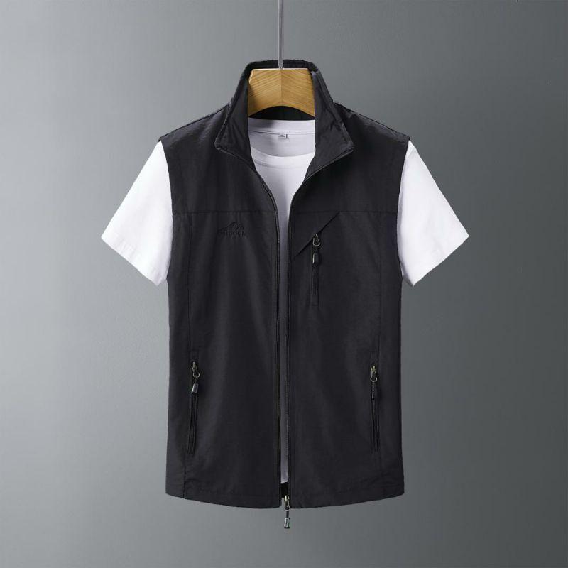 Große Größe Herren Frühling Sommer Outdoor Weste Casual Angeln Weste Stehkragen Gilet Ärmellose Jacke 5XL schwarz