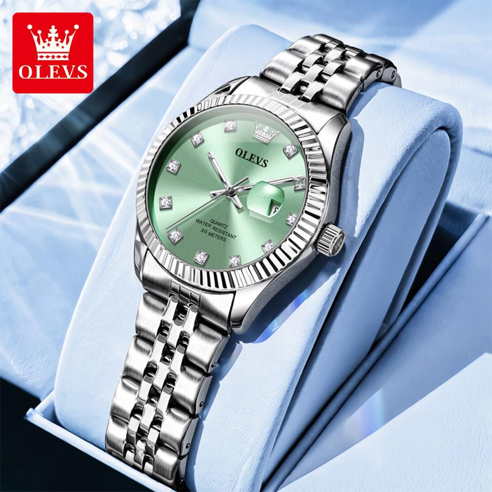 OLEVS Uhren Damen Neu Original Mode Elegant Quarz Uhr Wasserdicht Leuchtend Datum Damenuhren Geschenke grün/silber
