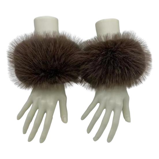 1 Paar Kunstfell-Handgelenkwärmer Flauschige Damen Plüsch-Ärmelstulpen Winddichtes Thermozubehör für Jacken Pullover kaffeebraun
