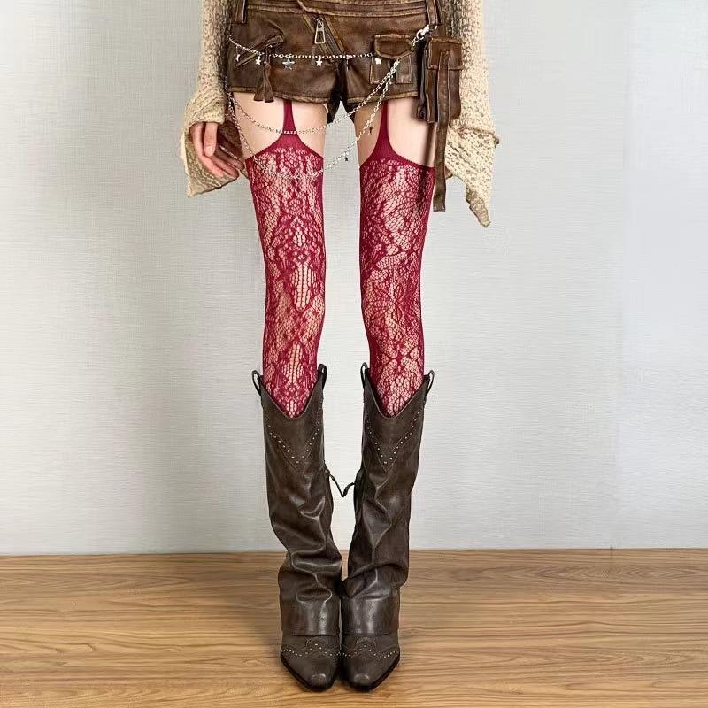 Lolita Süße Mädchen Punk Stil Florale Strumpfhosen Bunte Oberschenkelhohe Strümpfe Durchsichtige Netz-Strumpfhosen mit Strumpfhaltern Strumpfhaltergürtel Strumpfhosen One Size brown