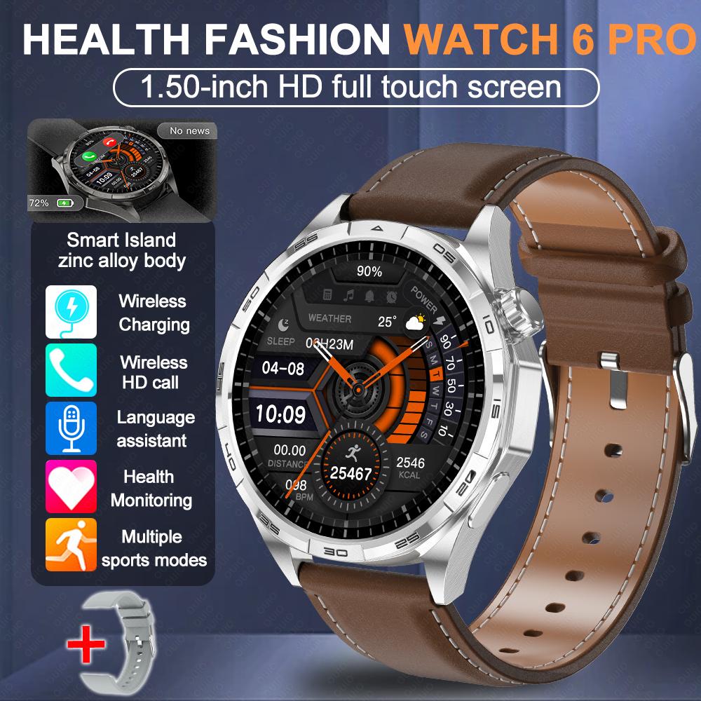 2026 Neue Uhr 6 Pro Outdoor-Sport Smartwatch Herren 1,50” HD-Bildschirm GPS-Streckenverfolgung Höhenmesser Druck Herzfrequenz Smartwatch Brown Leather+Silicone
