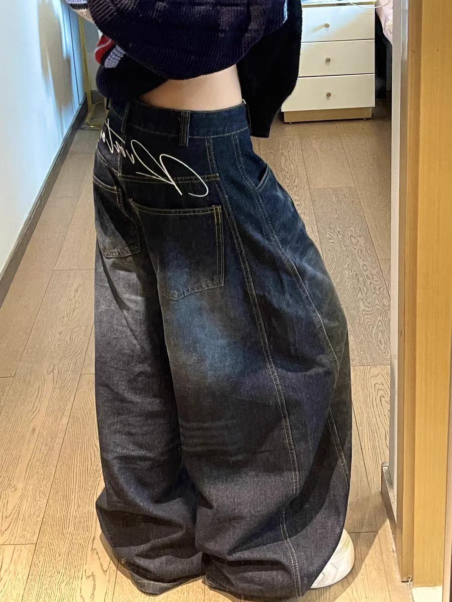 Lässige Damen Y2K Lockere Baggy Jeans Blau Gewaschen High Street Vintage Cargohosen Weiter Bein Übergroße Hosen Y2K Hosen XL blau