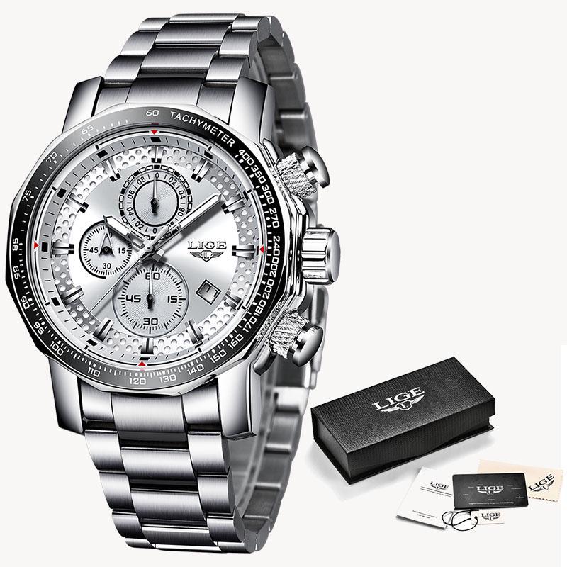 LIGE Uhren Herren Luxus Chronograph Edelstahl Großes Zifferblatt Quarz Herrenuhr Casual Sportuhr silber/weiß