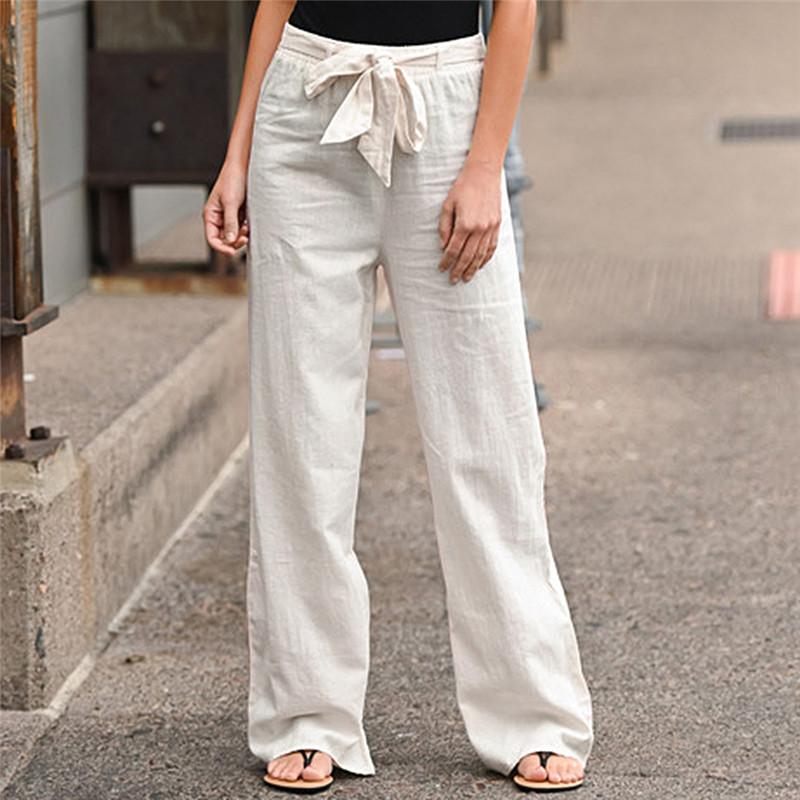 Frauen Feste Leinen Hosen Schnüren Elastische Taille Lose Breite Bein Hosen Sommer Casual Lange Hosen Plus Größe S-5XL M weiß