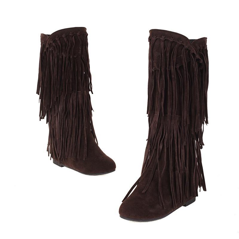Herbst Winter Damen Stiefel Mode Quaste Wildleder Damen Hohe Stiefel Luxus Lässig 3cm Niedrige Absätze Mode Lang Party Schuhe Weiblich 37
