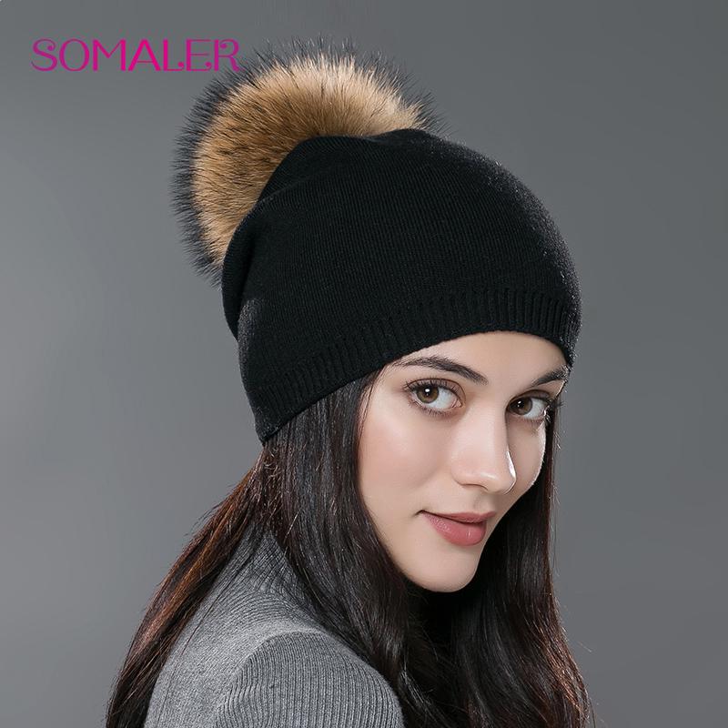 SOMALER Winter-Frauen-Echtfell-Pom-Pom-Mützen, Wolle, gestrickt, dick, warm gefüttert, Mützen, Damenmode, Bommel, Skimützen, Strickmütze natur/schwarz