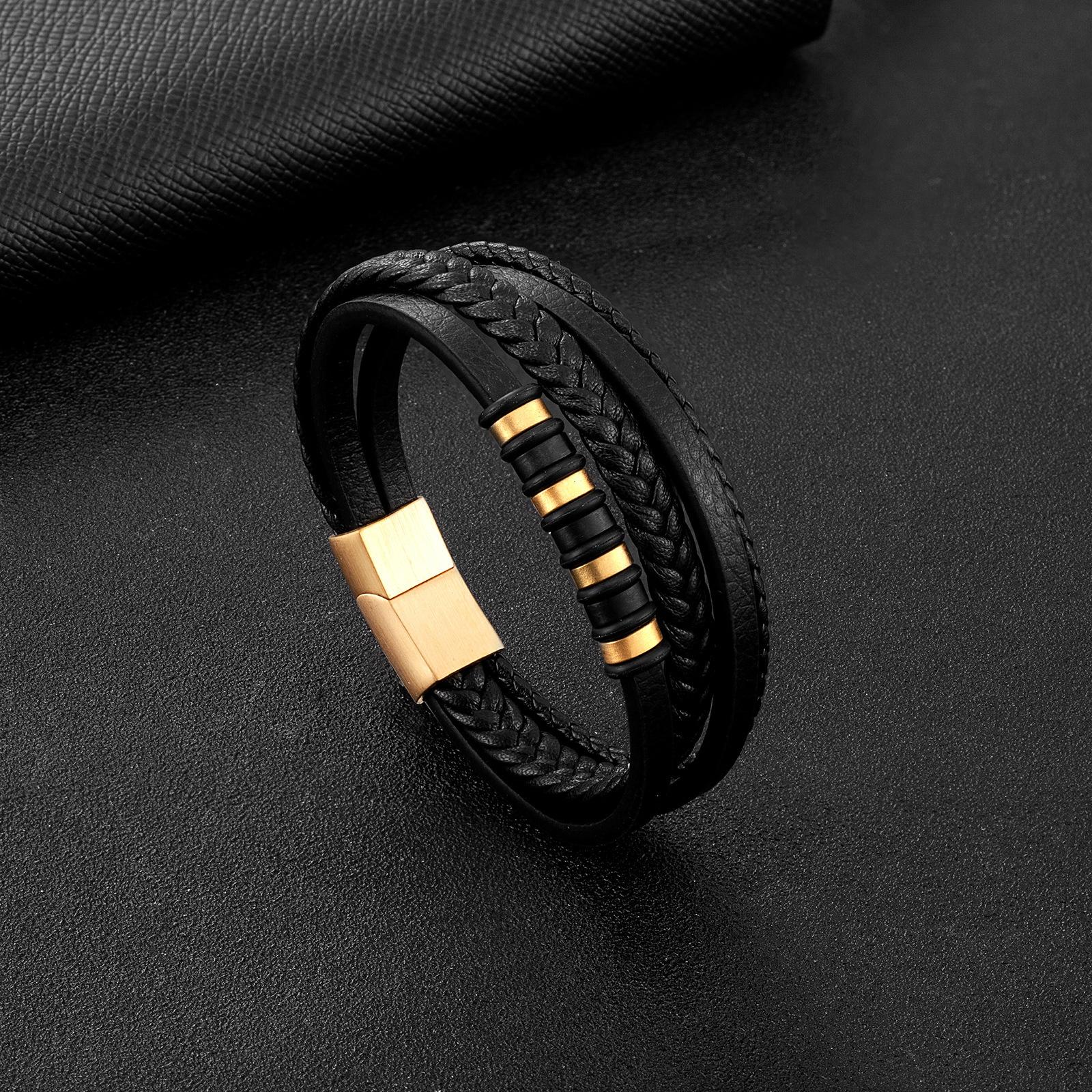 Europäisches und Amerikanisches Herren Leder Seil Armband Zweifarbiges Armband Herren Mehrlagiges Schlichtes Armband black