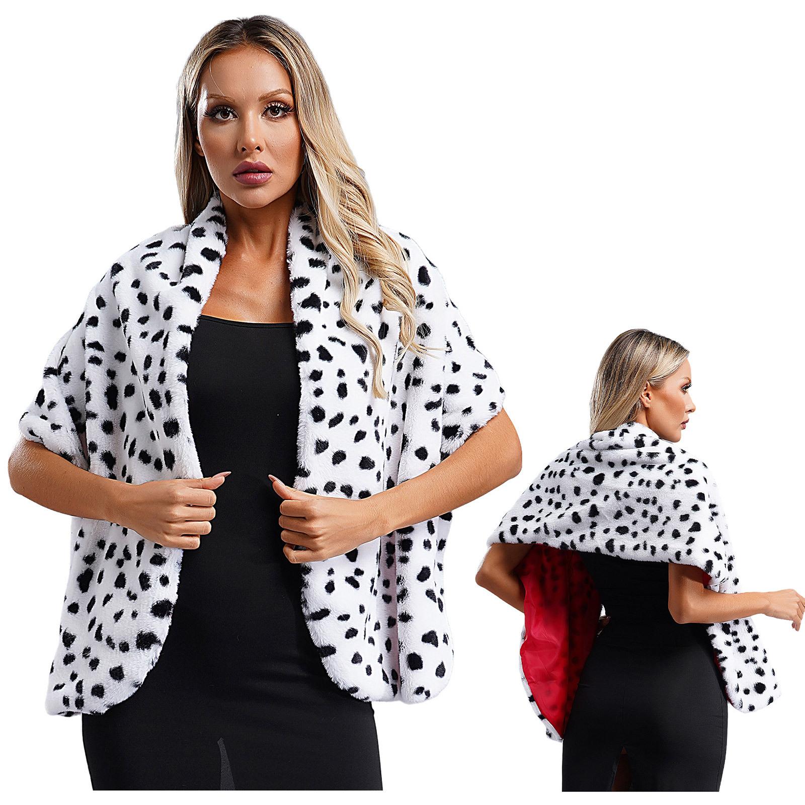 Damen Kunstpelz Cape Schultertuch Dalmatiner Print Schal Schal Cosplay Halloween Maskerade Mottoparty Schwarz und Weiß Accessoires One Size