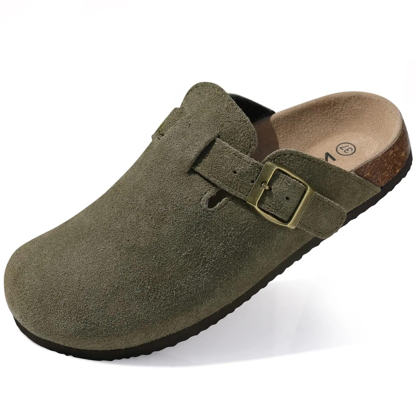 Damen Wildleder Clogs Hausschuhe Kork Wildleder Clogs Hausschuhe Klassische Herren Pantoletten Outdoor Kork Rutschfeste Hausschuhe mit Fußgewölbestütze Damen 42 grün