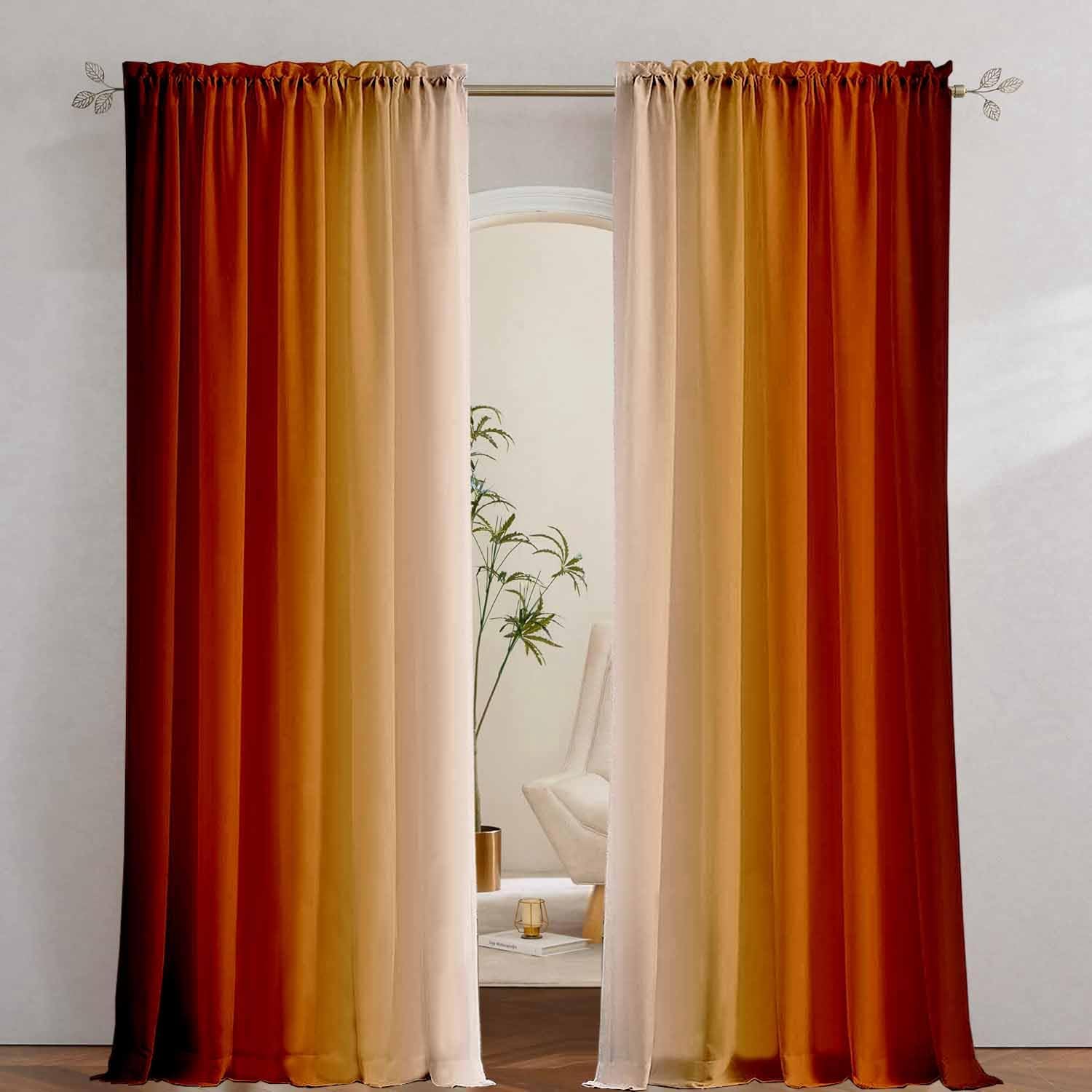 Boho Mid Century Abstrakte Blätter Vorhänge Regenbogen Wohnzimmer Vorhang Gebranntes Orange Vorhänge Für Schlafzimmer Modern Geometrische Drapierungen 53x116CM-2PC