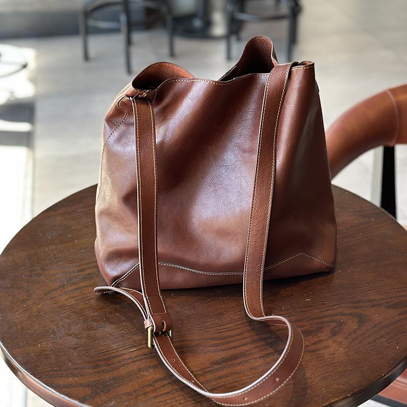 Johnature Einfache Eimer Umhängetaschen Echtes Leder Vintage Frauen Einkaufstasche Große Kapazität Rindsleder Einkaufstasche kaffeebraun