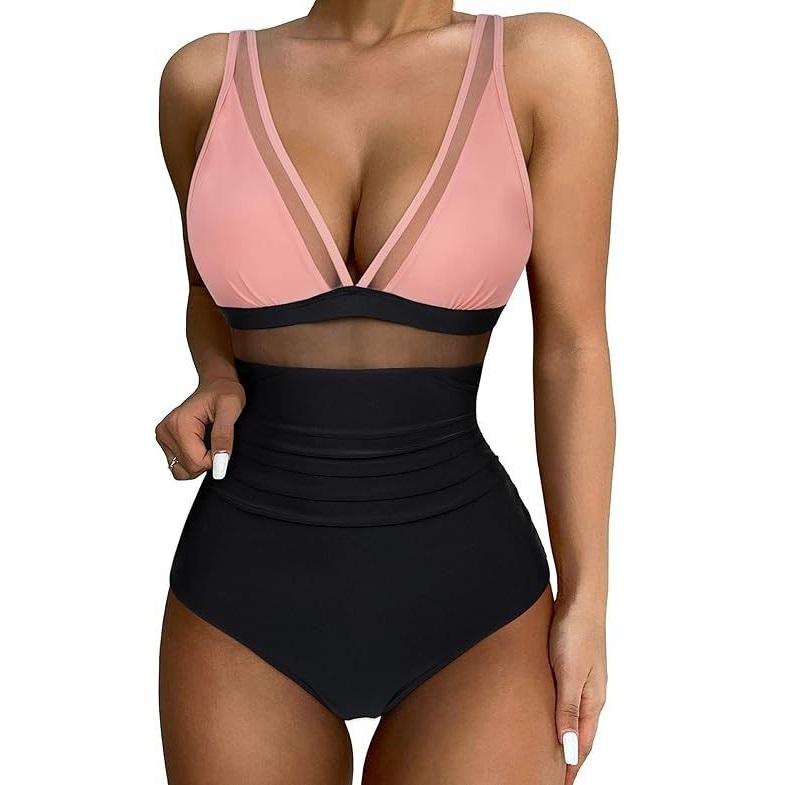Damen-Badeanzug, schwarzes Netz, rückenfrei, sexy Bikini, einteiliger Badeanzug für Damen, Strandmode, Badeanzüge XXL rosa/schwarz