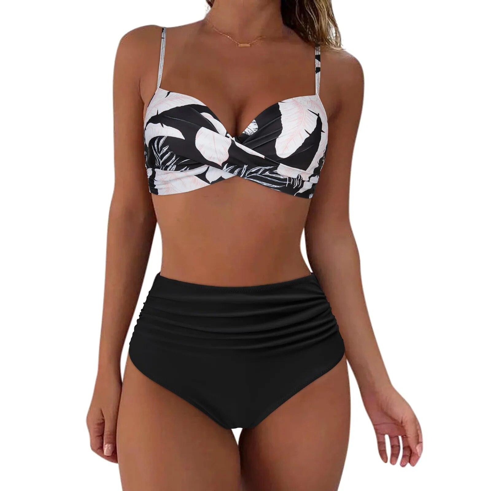Bikini-Badeanzug mit hoher Taille für Damen, Bademode, Badeanzug, gepolstert, Push-Up, gerüschter Badeanzug, Bikini-Set für Damen XXL