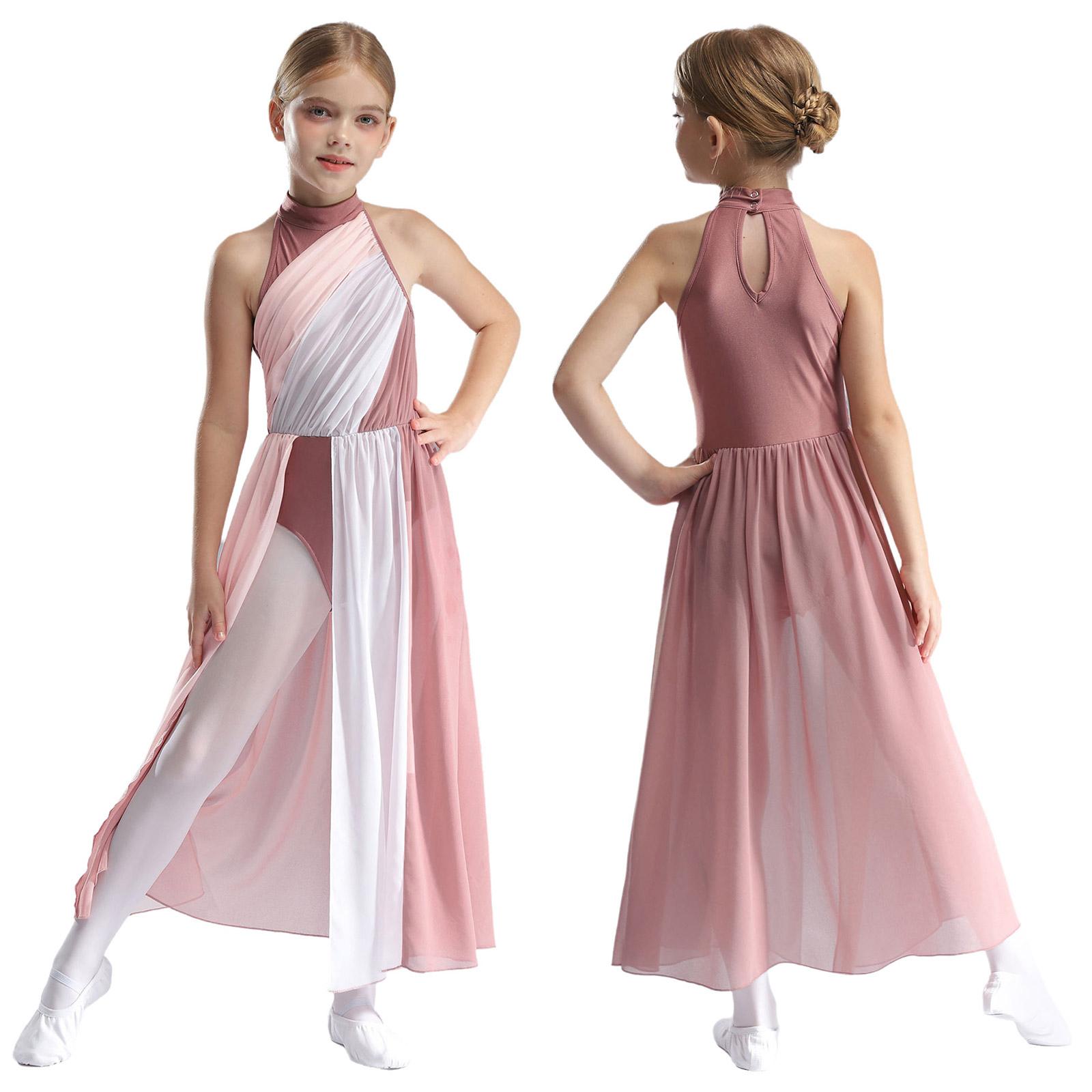 Kinder Mädchen Lyrical Modern Dance Kleid Asymmetrische Split Ballett Gymnastik Trikot Figur Eislaufen Tanzbekleidung Performance Kleider 5-6 Years rosa