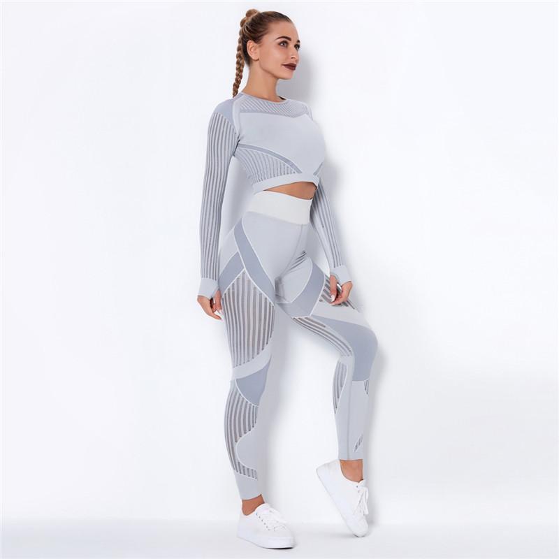 Mesh Yoga Set Auroth Frauen Sport Kleidung Langarm Shirt Sport Legging Set Hohe Taille Gym Tragen Engen Yoga Anzug S licht grau