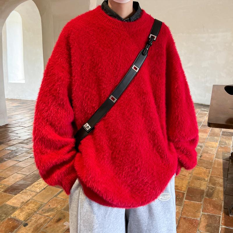 2024 neue Herbst Männer Rundhals Dicken Pullover Männer Reine Nerz Kaschmir Männer Oansatz Pullover Männlichen Gestrickten Pullover Winter Warme jumper L rot