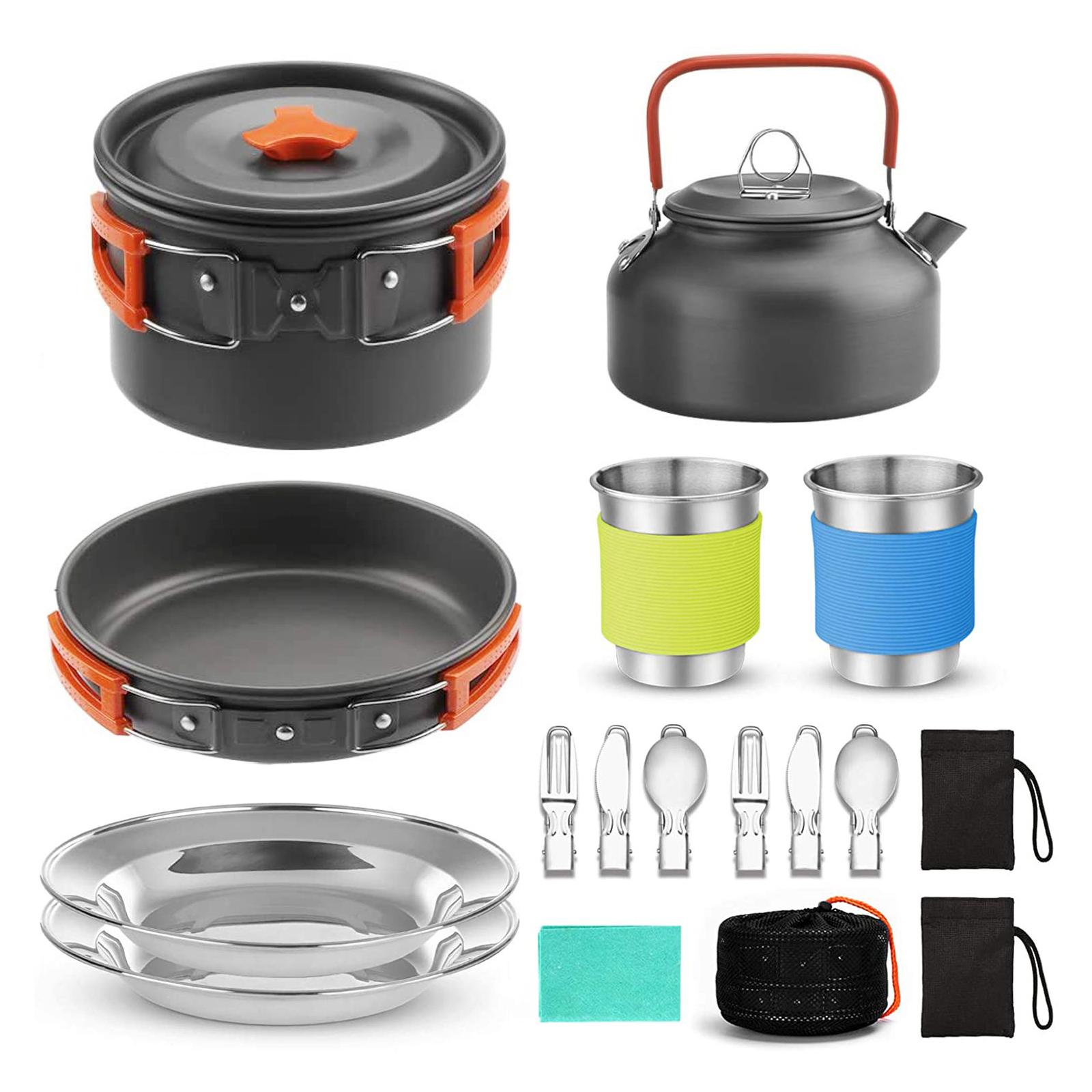 Camping Kochgeschirr Set Outdoor Kochausrüstung für Camping Wandern und Picknicks für 2 Personen All in orange