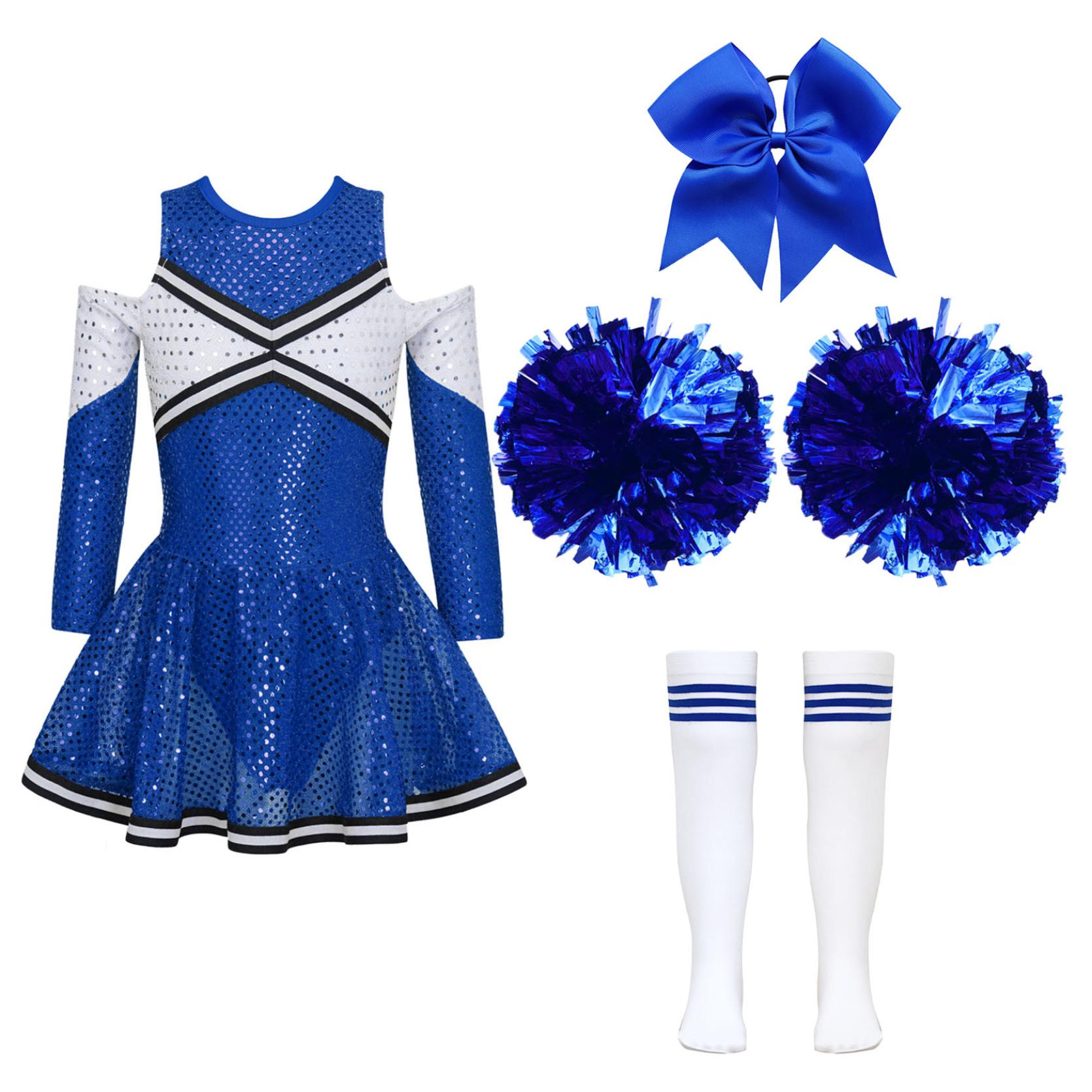 Cheerleader-Kostüm für Mädchen, Cheerleader-Pailletten, langärmliges Kleid-Set mit Pompons, Halloween-Geburtstagsparty 15-16 Years