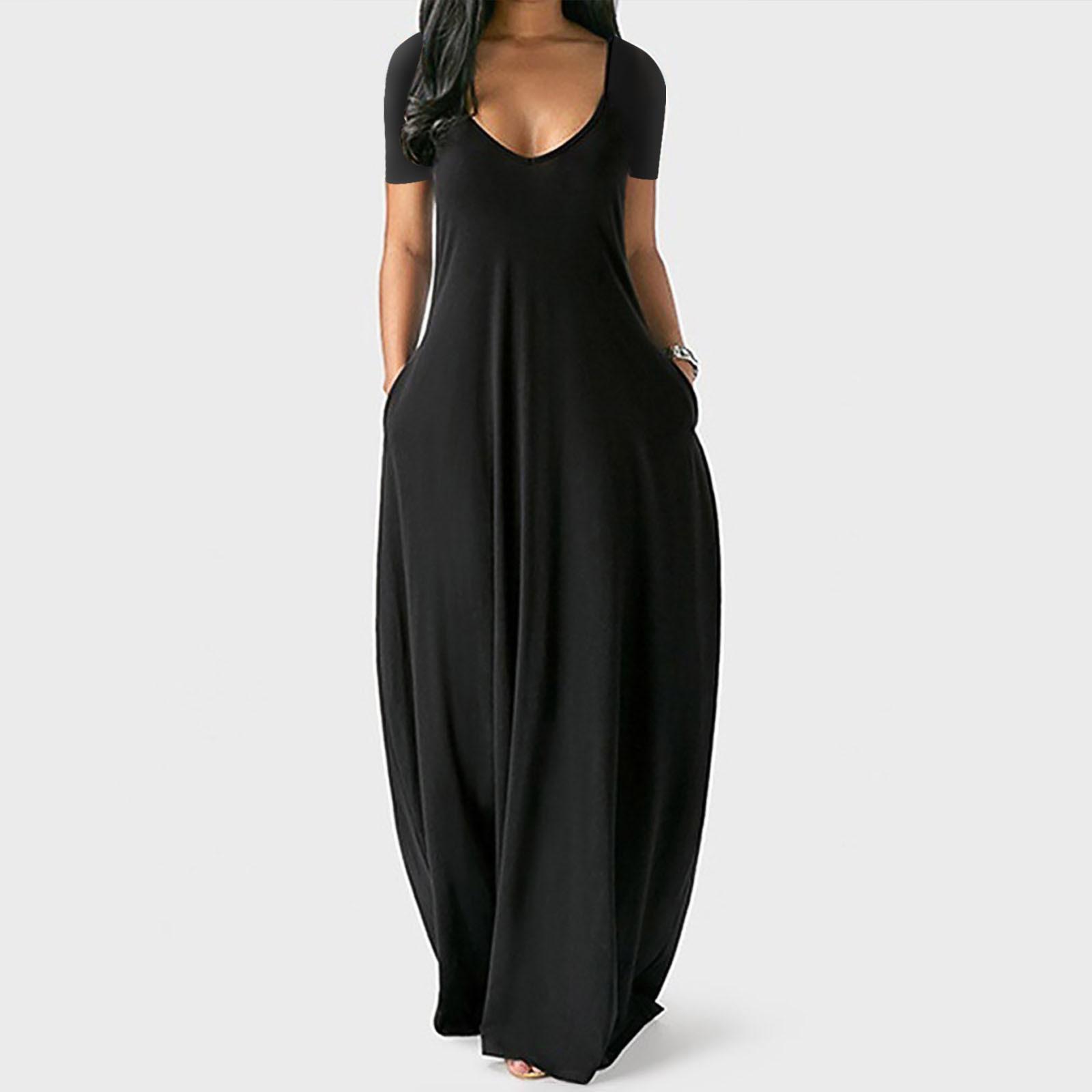 GMXIA Damenmode Sommer Frühling Einfarbig Druck Kurzarm U-Ausschnitt Freizeitkleider XXXL schwarz