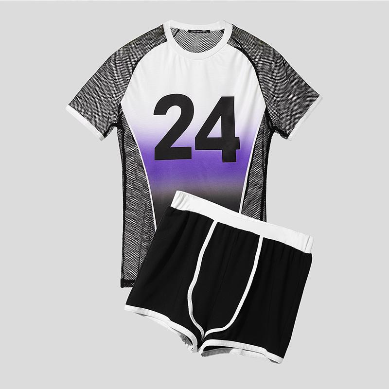 INCERUN Zweiteilige Anzüge Herren Mesh Transparentes Patchwork Oberteile Shorts Outfit Lässige Sportsets 5XL violett