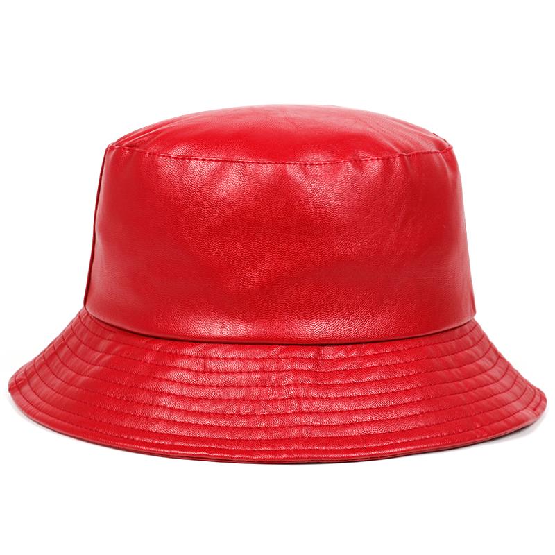 Bucket Hat Kunstleder Bucket Hats PU-Leder Solid Top Herren- und Damenmode Bucket Cap Panama Fisherman Caps rot