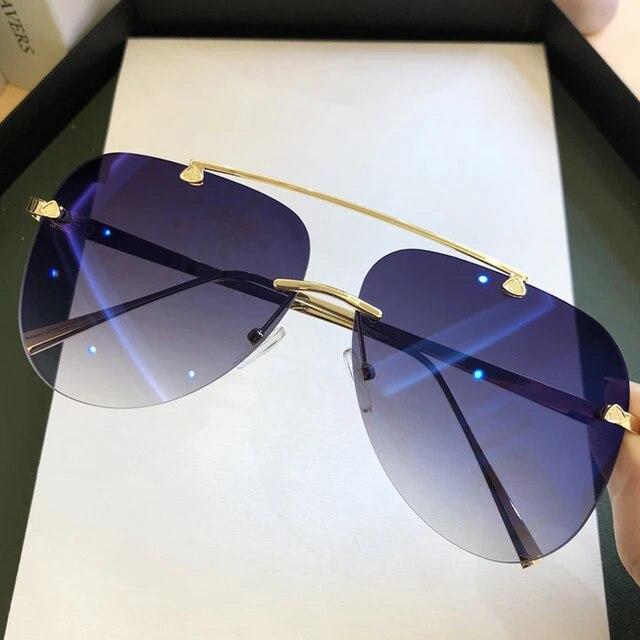Sonnenbrille für Herren, Vintage, randlos, Legierung, Pilotenbrille, Farbverlauf, Sonnenbrille, Damen, Metall, ovale Schattierungen, Schwarz, Braun