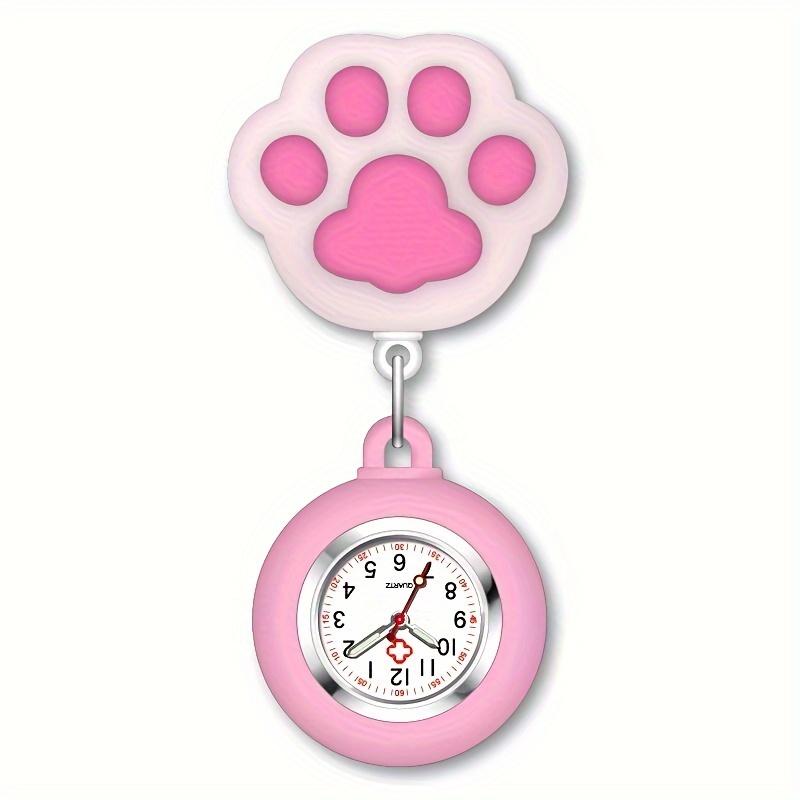 Niedliche Krankenschwester-Uhr mit Katzenpfoten-Brosche und Clip, einziehbare Teleskop-Taschenuhr für Krankenschwester, Arzt, Rettungssanitäter rosa