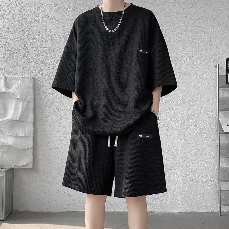 Herbst Waffel Sets Herren Freizeit T-Shirts + Shorts Set Herren Sport Basketballanzug Trainingsanzug Locker Verdicken Anzüge XXXL schwarz