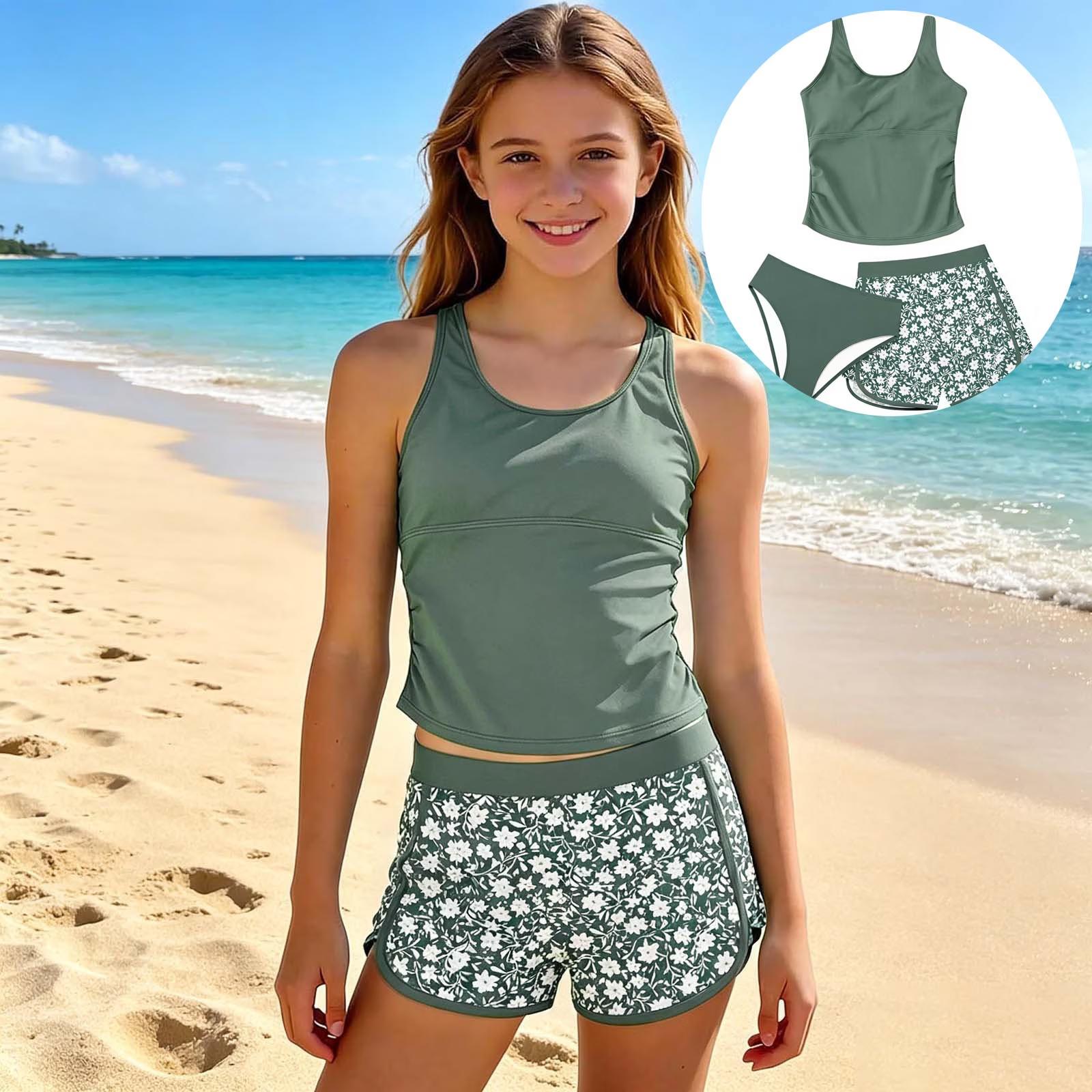 Zweiteiliger Badeanzug für Mädchen Tankini-Oberteil und Badeshorts mit Blumenmuster Set Leichter schnelltrocknender Stoff Bequeme Passform 14 armee grüne