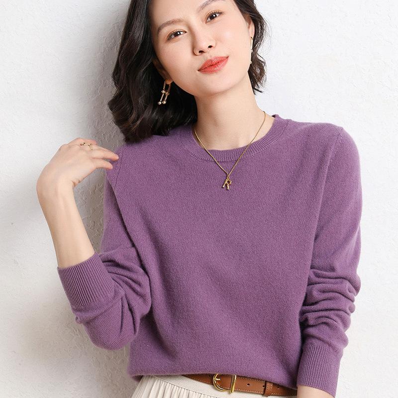 Frühling und Herbst Damen Pullover Pullover Strickpullover Rundhals Langarm Pullover Bottom Shirt Einfarbiger Pullover XXL violett