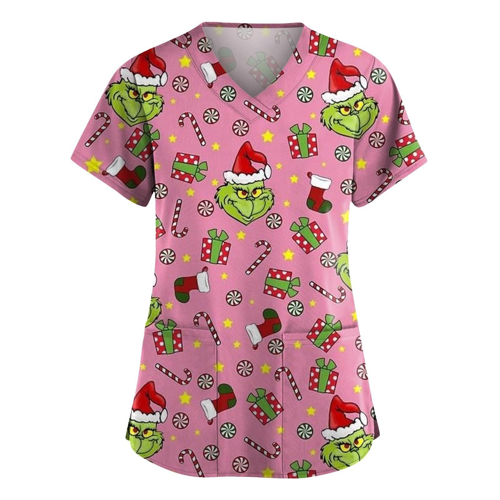 Kurzärmliges Oberteil mit Kreuz-Defolierung-Print und V-Ausschnitt, Print und Tasche für Damen XXL rosa