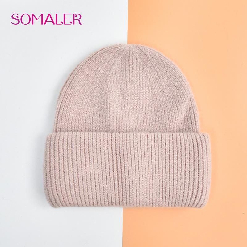 SOMALER Winter Angora Wolle Gestrickte Mütze Weich Warm Flauschig Kaninchenfell Strick Einfache Mützen für Damen staubsturm