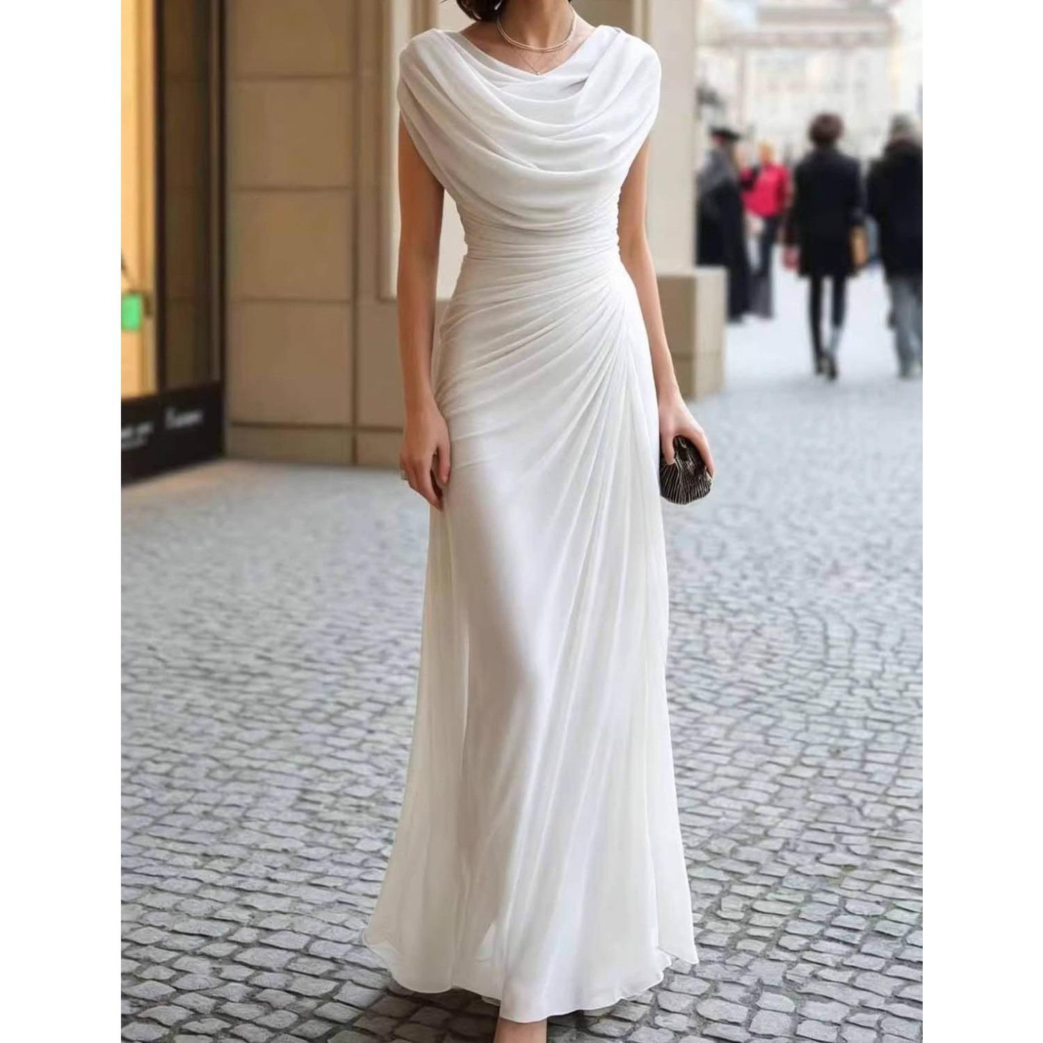 Damen-Maxikleid mit Schalkragen, ärmellos, schmal geschnitten, elegant, gerafft, formelles Abendkleid 3XL weiß