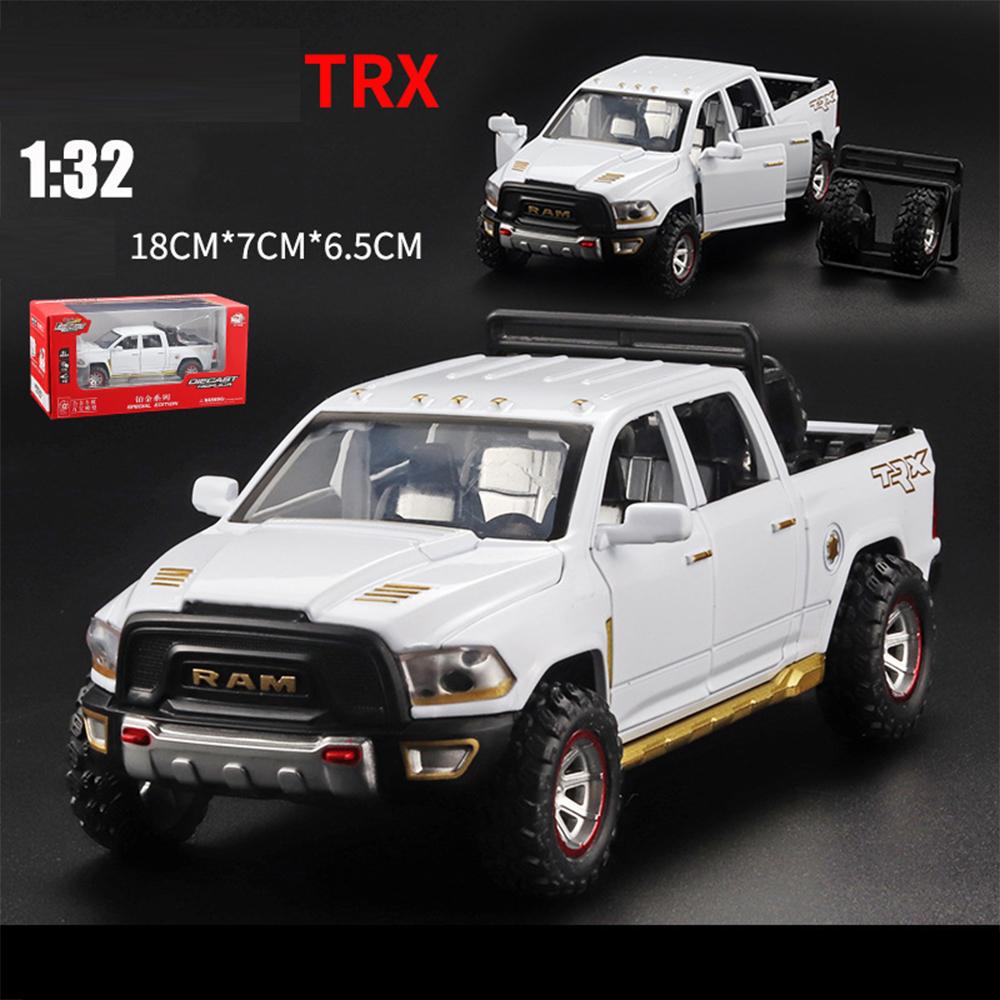 1/32 Dodge Spielzeug-Trucks für Jungen, RAM TRX 1500 Pickup-Truck-Spielzeug aus Druckgussmetall mit Licht und Sound, Auto-Spielzeug mit Rückziehfunktion für Kleinkinder 1/32-Size:18*7*6.5cm weiß