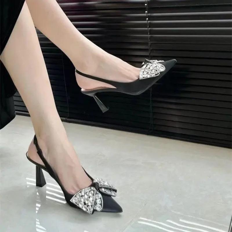 Schleifenschuhe Damen Sandale Sommer High Heels Mädchen High Heels Retro Stiletto Strass Neu Offen Geschlossen Spitz Schleife 40 schwarz